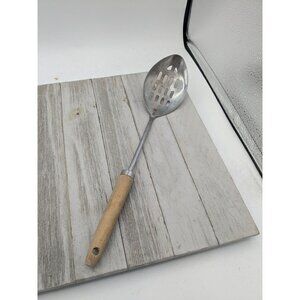 Vintage Chromium Plated Slotted Serving Spoon 12" Wood Handle